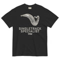 Singletrack Specialist Tee — black heavyweight garment-dyed tee with two-stroke expansion chamber graphic by Trailforge Moto