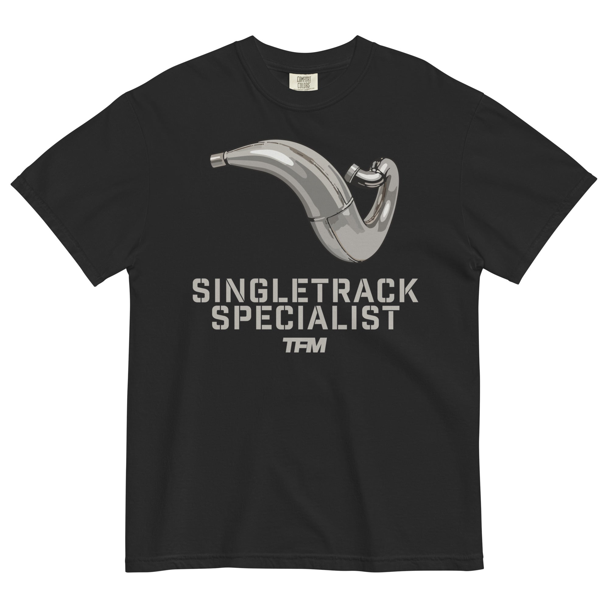 Singletrack Specialist Tee — black heavyweight garment-dyed tee with two-stroke expansion chamber graphic by Trailforge Moto
